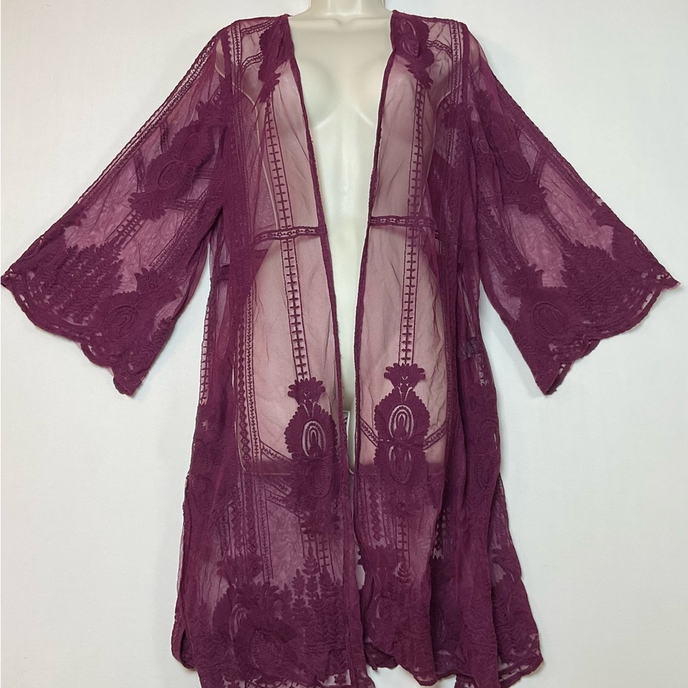 📦Sheer Lace Kimono Robe Duster in Plum - Elegant Cover-Up *DISCOUNTED SHIPPING